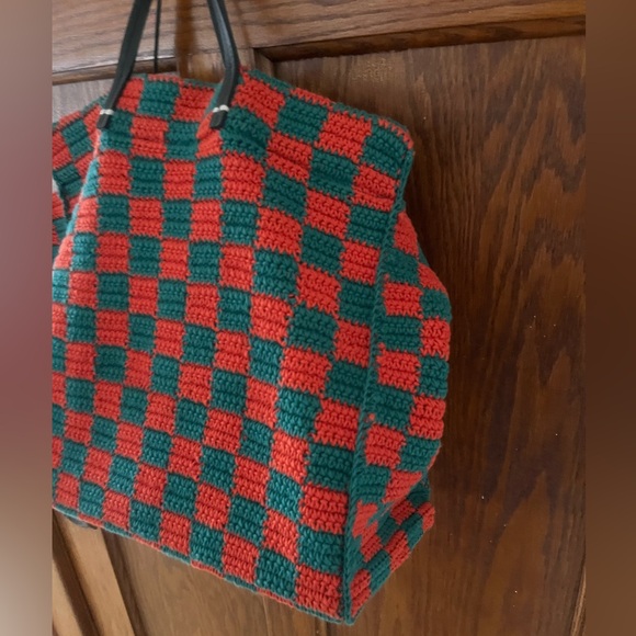 Clare V Red Green Checker Summer Simple Tote Bag Shoulder Strap Like New - Picture 6 of 16